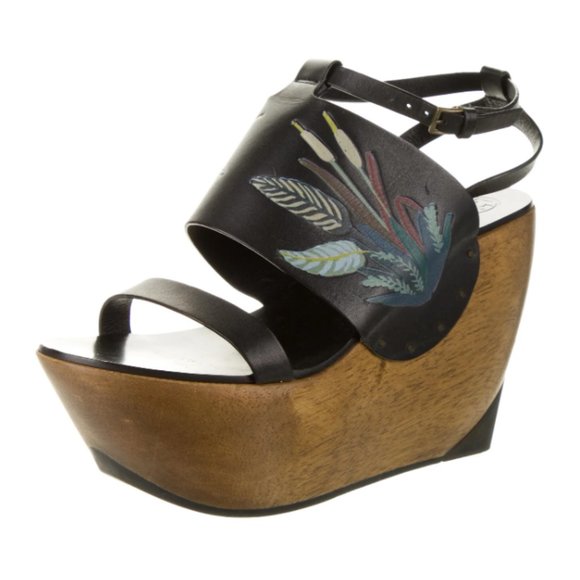 Tory Burch Shoes - Tory Burch Shoes Tooled Leather Platform Sandals Black Wood Wedge Heels Floral